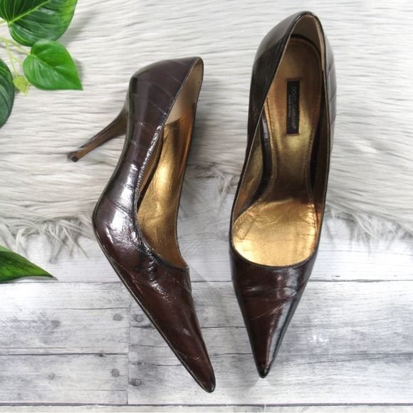 DOLCE & GABBANA Leather Eel Skin Striped Stitched Pointed Toe Pump Size 40 US 10 - Picture 1 of 13